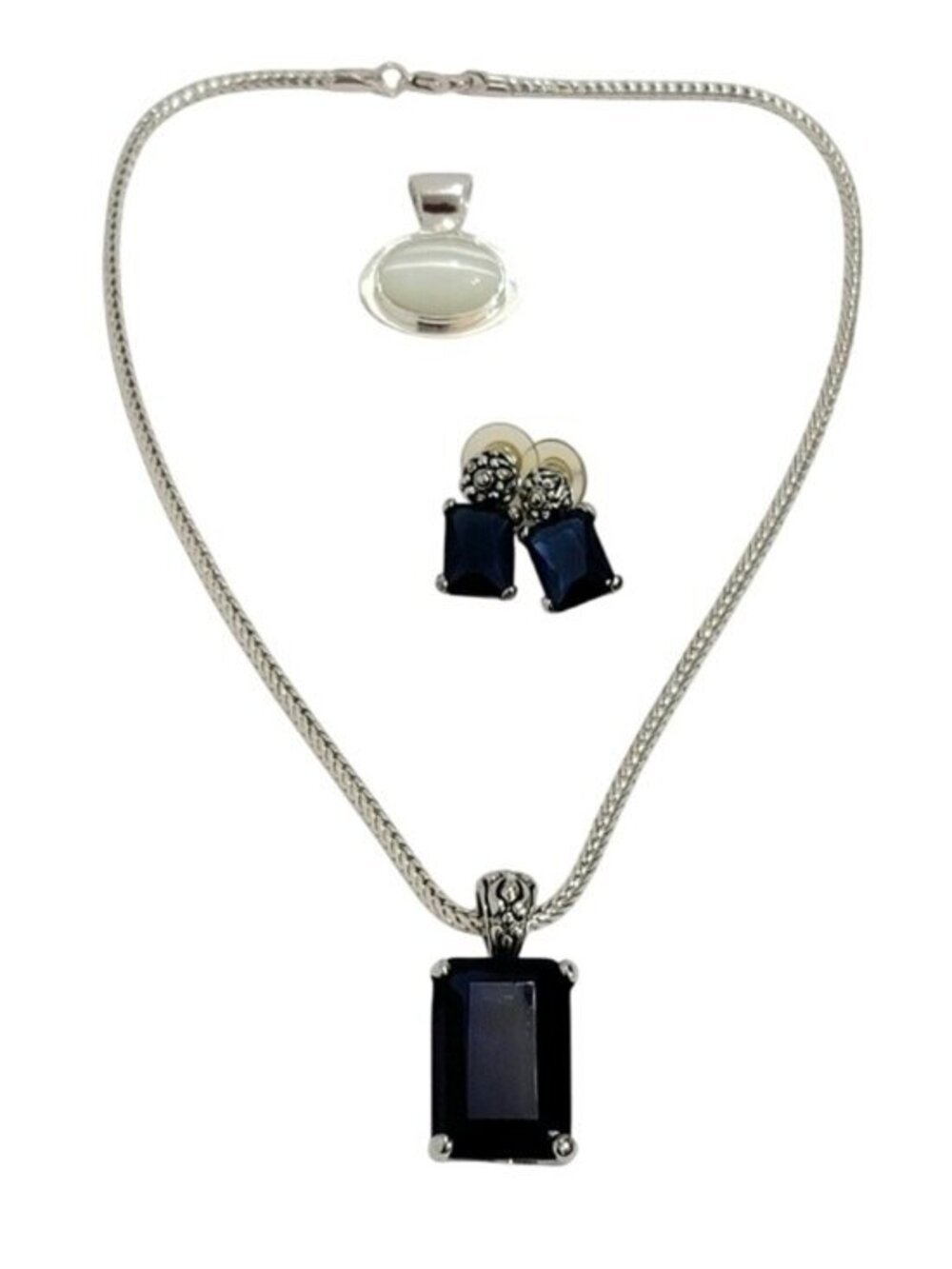 Vintage  Blue Pendant Necklace Earring Set Pearl Pendant